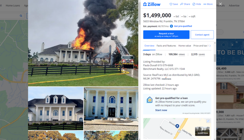 Up in flames, up for sale: Tennessee mansion goes on market with hilarious Zillow listing